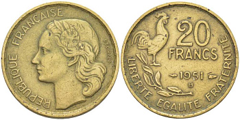 ФРАНЦИЯ 20 ФРАНКОВ 1951 B, ПЕТУХ, 4 ПЕРА KM 917.2, LE FRANC 402.8 алюминиевая бронза 175-652