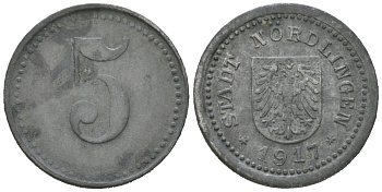 Нердлинген (Бавария) 5 пфеннингов 1917 Funck 381.1, Men18 23671.1 цинк 4169-1241