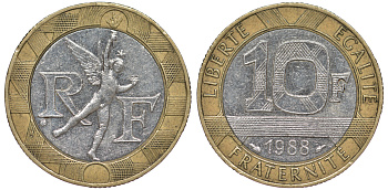 Франция 10 франков 1988 тип Гений Бастилии KM 964.1, Le Frank 375.2 биметалл 45-527