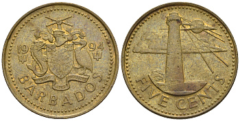 Барбадос 5 центов 1994 маяк Саут-Пойнт KM 11 латунь 87-234
