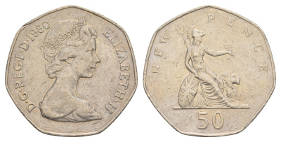 Великобритания 50 пенсов 1980 Елизавета II (1952-2022) KM 913, Spink 4223 медно-никель 4634-625