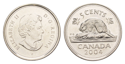 Канада 5 центов 2004 P, Елизавета II (1952-2022), бобр KM 491 сталь плакированная никелем UNC 4639-531