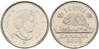 Канада 5 центов 2009 ML, Елизавета II, бобер KM 491 сталь плакированная никелем  UNC  4148-1251
