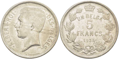 БЕЛЬГИЯ 5 ФРАНКОВ 1933 АЛЬБЕРТ I, DES BELGES KM 97.1 никель 3851-236