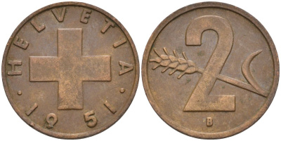 Швейцария 2 раппена 1951 В KM 47 бронза 4114-913