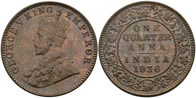 Британская Индия 1/4 анна 1936 Георг V (1910-1936) KM 512 бронза UNC 94-247