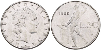 ИТАЛИЯ 50 ЛИР 1988 R, БОГ ОГНЯ ВУЛКАН У НАКОВАЛЬНИ KM 95.1 нержавеющая сталь 4551-421