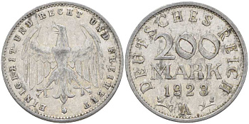 ГЕРМАНИЯ 200 МАРОК 1923 A KM 35, J. 304, Weege 22 алюминий 261-842