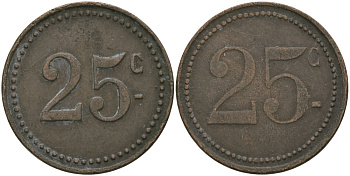 ФРАНЦИЯ 25 САНТИМОВ ND ПЛАТЕЖНЫЙ ЖЕТОН НАЧАЛА XX ВЕКА, ДВУСТОРОННИЙ ЧЕКАН, ЦИФРЫ НОМИНАЛА НА АВЕРСЕ И РЕВЕРСЕ РАЗНОЙ ВЫСОТЫ, ДИАМЕТР 24 ММ. медь 98-935