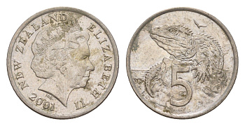 Новая Зеландия 5 центов 2001 Елизавета II (1952-2022), ящерица гаттерия KM 116 медно-никель 4588-314