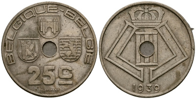 Бельгия 25 сантимов 1939 Belgique - Belgie KM 114 никель латунь 4382-116