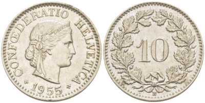 ШВЕЙЦАРИЯ 10 РАППЕНОВ 1955 В KM 27 медно-никель 4516-1255