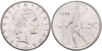 ИТАЛИЯ 50 ЛИР 1988 R, БОГ ОГНЯ ВУЛКАН У НАКОВАЛЬНИ KM 95.1 нержавеющая сталь 4551-421