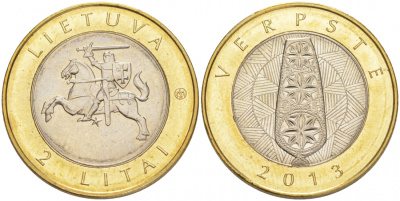 Литва 2 лита 2013 серия создано человеком и природой, прялка, Verpste KM 187 биметалл UNC M38-06