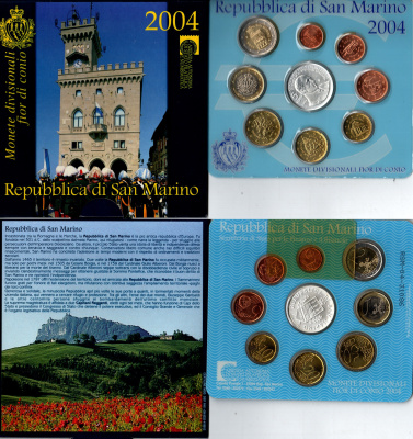 Сан-Марино годовой набор из 9 монет (1, 2, 5, 10, 20 и 50 евроцентов; 1, 2 и 5 евро) 2004 в оригинальном буклете, тираж 70.000 экземпляров KM MS64 (440, 441, 442, 443, 444, 445, 446, 447 и 458) BU 8-1-06-16