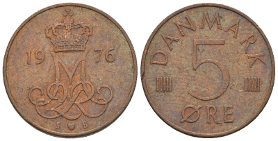 Дания 5 эре 1976 S; B, Маргрете II (1972- ) KM 859.1 железо плакированное медью 4609-1065