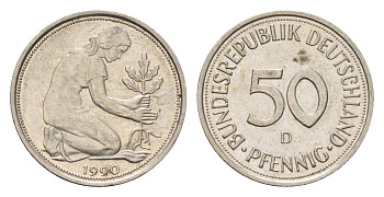 ФРГ 50 пфеннигов 1990 D KM 109.2, J. 384a медно-никель 187-1024