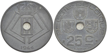 БЕЛЬГИЯ 25 САНТИМОВ 1944 BELGIE-BELGIQUE, ГЕРМАНСКАЯ ОККУПАЦИЯ, ВТОРАЯ МИРОВАЯ ВОЙНА KM 132 цинк 4546-212