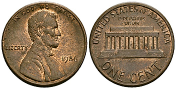 США 1 цент 1986 D, Линкольн KM 201b цинк плакированный медью 4136-323
