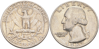 США 25 центов (квотер)1967 Вашингтон KM 164a медь плакированная медно-никелем 83-414