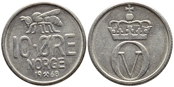 Норвегия 10 эре 1968 пчела, Улаф V (1958-1991) KM 411 медно-никель 4396-417