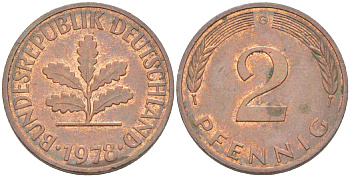 ФРГ 2 ПФЕННИГА 1978 G KM 106а, J. 381а сталь плакированная сталь плакированная медьюю 4181-828