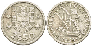 Португалия 2,5 эскудо 1965 парусник  KM 590 медно-никель 213-237