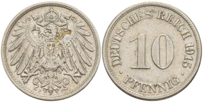 Германия 10 пфеннигов 1915 F KM 12, Jager 13, Weege 8 медно-никель 219-252