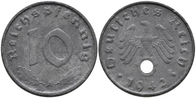 ГЕРМАНИЯ 10 РЕЙХСПФЕННИГОВ 1942 A KM 101, J.371 цинк 95-812