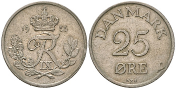 Дания 25 эре 1955 N; S, Фредерик IX (1947-1972) KM 842.1 медно-никель 213-855