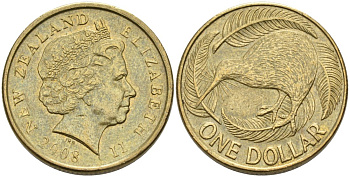 Новая Зеландия 1 доллар 2008 Елизавета II (1952-2022), птица киви  KM 120 алюминиевая бронза 51-1056