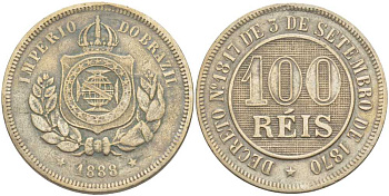 БРАЗИЛИЯ 100 РЕЙС 1888 ПЕДРО II (1831-1889) KM 483 медно-никель 1515-124