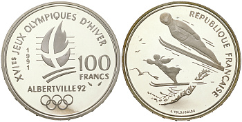 Франция 100 франков 1991 XVI Зимние Олимпийские игры 1992 в Альбервиле, прыжки с трамплина KM 995 серебро  PROOF  11-082-42