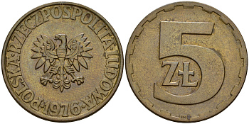 Польша 5 злотых 1976 монетный двор Ленинград (ЛМД) KM 81.1, Parchimowicz 221b латунь 4161-1112