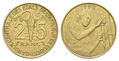 Западная Африка (BCEAO) 25 франков 1990 KM 9 алюминиевая бронза aUNC 4654-541