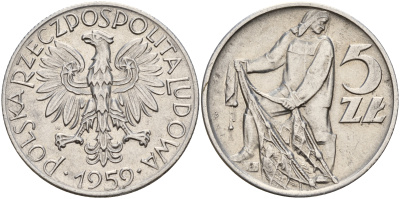 Польша 5 злотых 1959 MW, рыбак KM 47 алюминий  4157-913