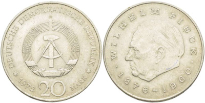 ГДР 20 марок 1972 А, Вильгельм Пик (1876-1960) KM 42 медно-никель 4521-513