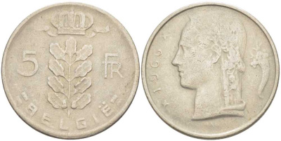 БЕЛЬГИЯ 5 ФРАНКОВ 1966 BELGIE, БОДУЭН I (1951-1993) KM 135.1 медно-никель 213-421