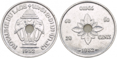 Лаос 20 центов 1952 король Сисаванг Вонг (1904-1959), слоны KM 5 алюминий 4545-516