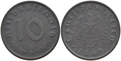 Германия 10 рейхспфеннигов 1943 D KM 101, J.371 цинк 4151-246