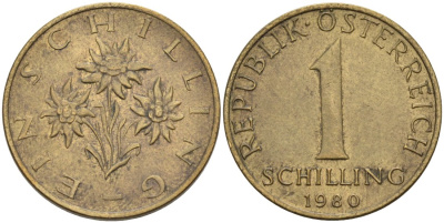 Австрия 1 шиллинг 1980 KM 2886 алюминиевая бронза 4571-747