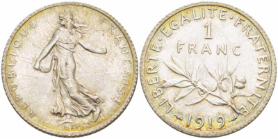 ФРАНЦИЯ 1 ФРАНК 1919 СЕЯТЕЛЬ KM 844.1, LE FRANC 217.25 серебро 4390-827