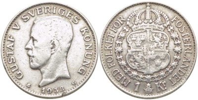 Швеция 1 крона 1938 G, Густав V (1907-1950) KM 786.2 серебро 119-1051