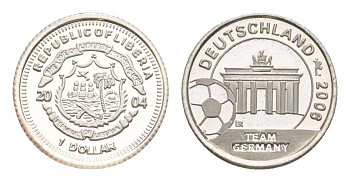 Либерия 1 доллар 2004 Чемпионат мира по футболу 2006 - Сборная Германии, тираж 1.000 экземпляров, вес 1,2 гр Sch?n 2016 серебро PROOF 1521-413