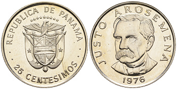 Панама 25 сентесимо 1976 Хусто Аросемена KM 37.1 медь плакированная медно-никелем  UNC  M30-15