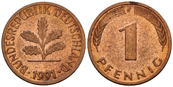 ФРГ 1 пфенниг 1991 F KM 105, J.380 сталь плакированная медью 4602-812