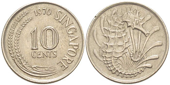 Сингапур 10 центов 1970 морской конек KM 3 медно-никель 4523-234