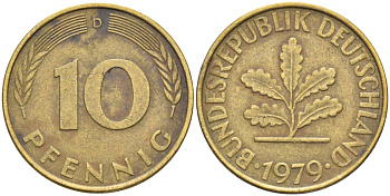 ФРГ 10 пфеннигов 1979 D KM 108, J. 383 сталь плакированная латунью 4132-1152