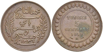 ТУНИС 5 САНТИМОВ 1917 АН1336, MUHAMMAD al-NASIR BEY KM 235 бронза 4523-814