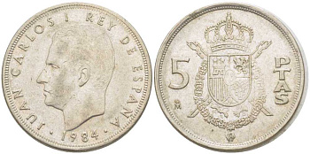 ИСПАНИЯ 5 ПЕСЕТ 1984 ХУАН КАРЛОС I (1975-) KM 823 медно-никель 213-157